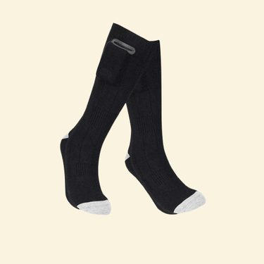 A pair of black heated socks shown upright, highlighting sleek design and reinforced toe and heel areas